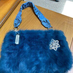 BEBE Fur Brooch Wristlet - Blue Rabbit Fur - with tag